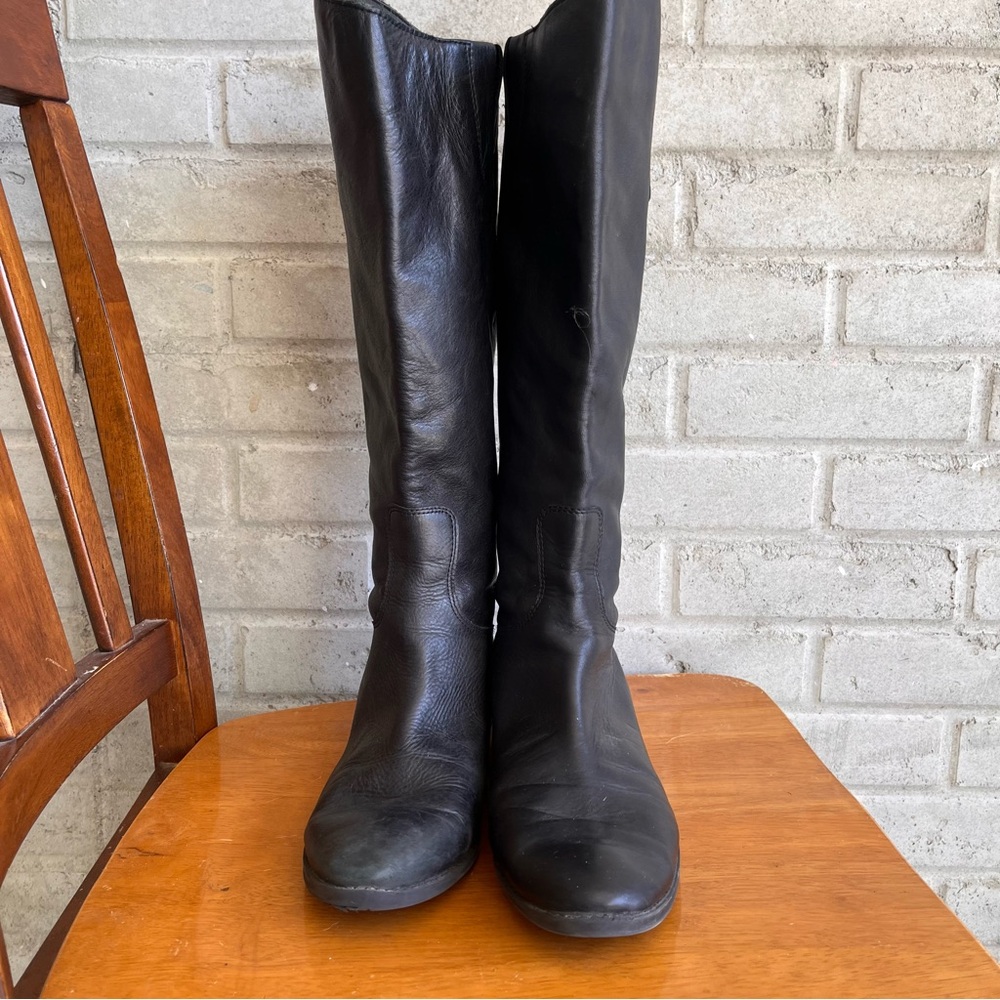 Black Over the Knee Leather Boots with Block Heel
